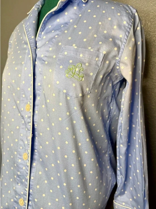 Lauren Ralph Lauren Polka Dot Pajama Top Women’s M Blue Cotton Button Down - Picture 6 of 13